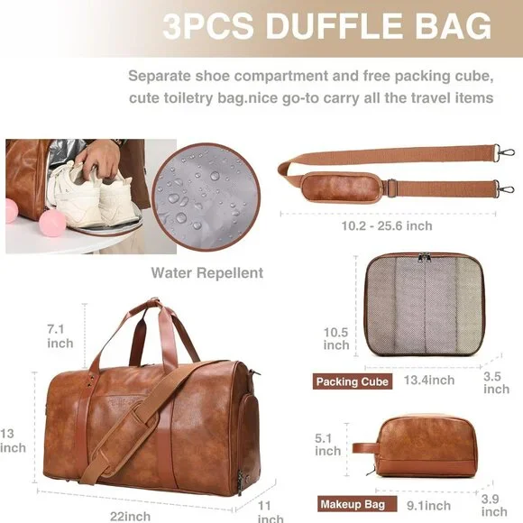 3-in-1 Leather Duffle Bag for Travel with Toiletry Bag and Shoe Compartment, Wee